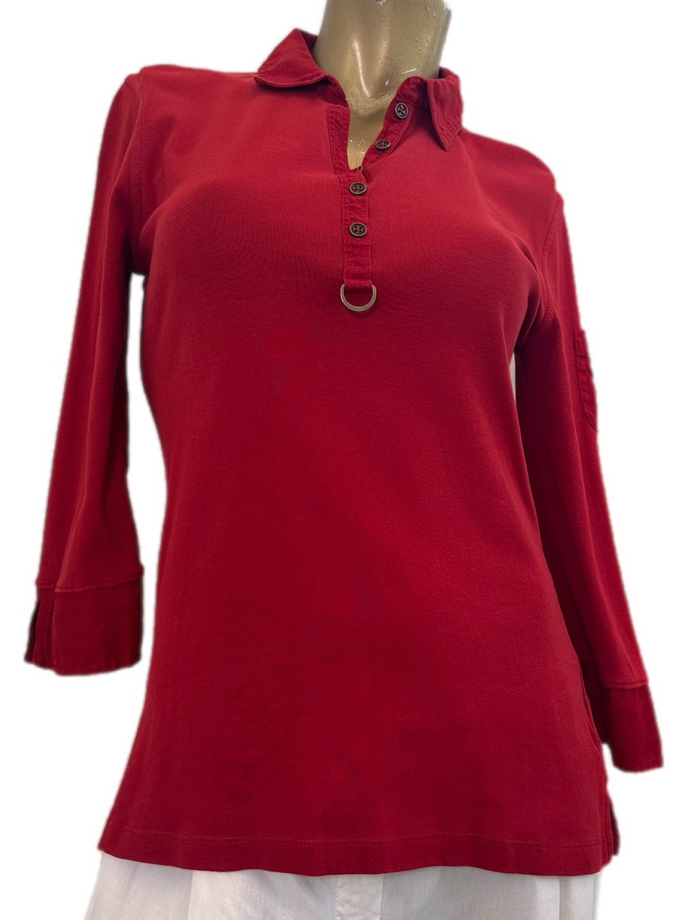 Lauren Ralph Lauren Cotton Red Henley Collared Top 3/4 Sleeve D-Ring Accent, M